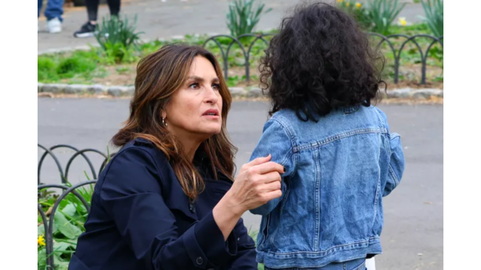 mariska hargitay is seen taking a break from filming law and order svu help a child at the fort tryon playground on april 10 2024 in new york city photo jose perez bauer griffin gc