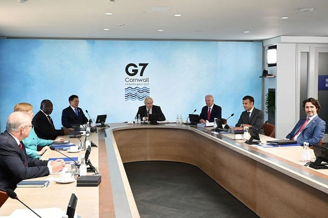british prime minister boris johnson us president joe biden france s president emmanuel macron canadian prime minister justin trudeau australia s prime minister scott morrison german chancellor angela merkel south africa s president cyril ramaphosa and south korea s president moon jae in attend a working session during g7 summit in carbis bay cornwall britain june 12 2021 photo reuters british prime minister boris johnson us president joe biden france s president emmanuel macron canadian prime minister justin trudeau australia s prime minister scott morrison german chancellor angela merkel south africa s president cyril ramaphosa and south korea s president moon jae in attend a working session during g7 summit in carbis bay cornwall britain june 12 2021 photo reuters