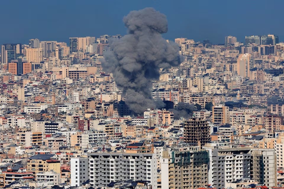 smoke billows over beirut s southern suburbs after an israeli strike amid the ongoing hostilities between hezbollah and israeli forces as seen from baabda lebanon on november 14 2024 photo reuters