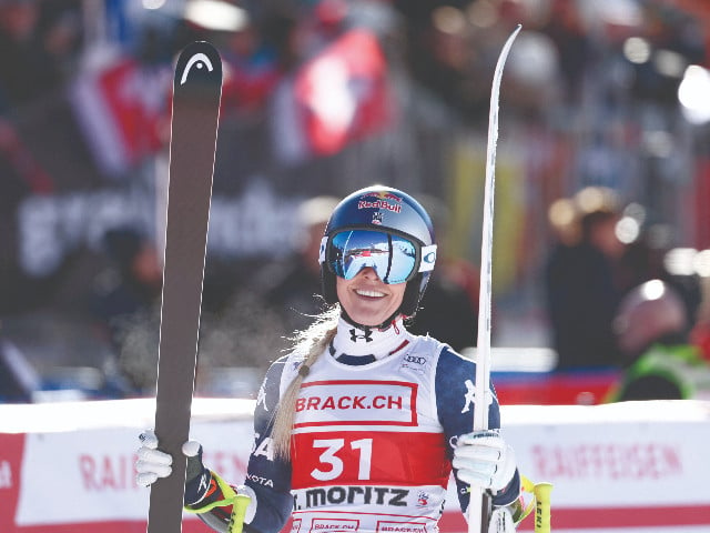 lindsey vonn of the us reacts after her run at the fis alpine ski world cup women s super g at saint moritz switzerland photo reuters