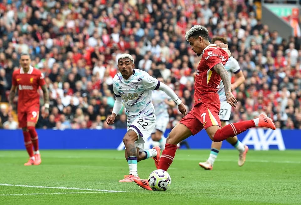 liverpool s luis diaz scores their second goal in premier league match between liverpool and afc bournemouth at anfield liverpool britain on september 21 2024 photo reuters