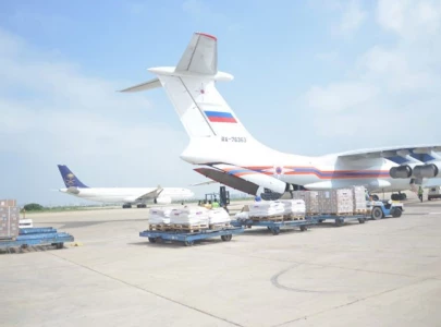 first flight of flood relief assistance from russia lands in karachi