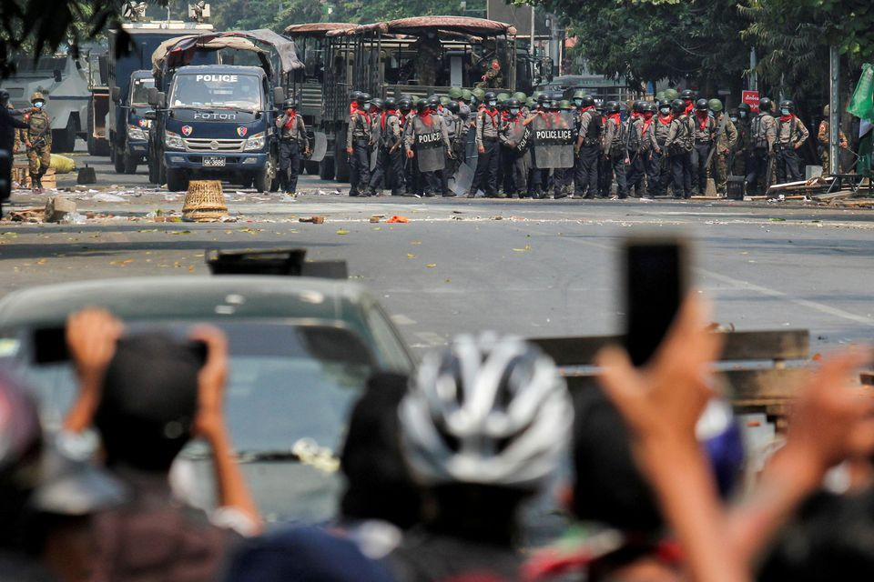 file photo police stand on a road during an anti coup protest in mandalay myanmar march 3 2021 reuters