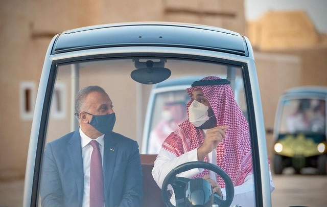 saudi arabia s crown prince mohammed bin salman and iraqi prime minister mustafa al kadhimi visit the historical city ad diriyah on the outskirts of riyadh saudi arabia march 31 2021 photo reuters