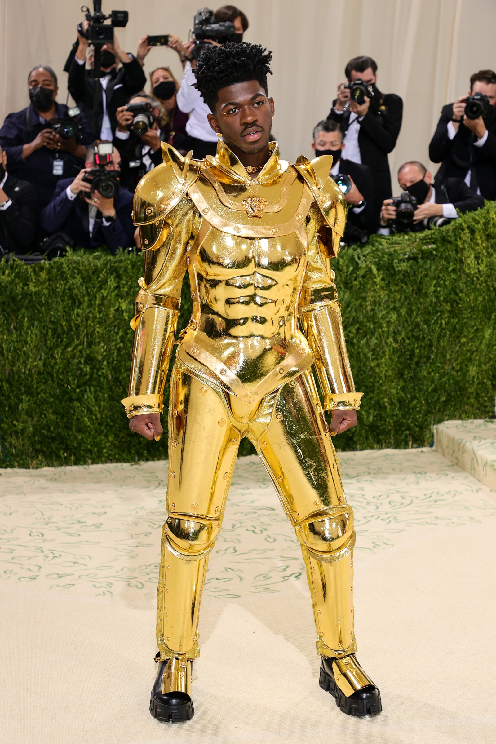 Gold armor for Lil Nas X, all black for Kim and Kanye at Met Gala