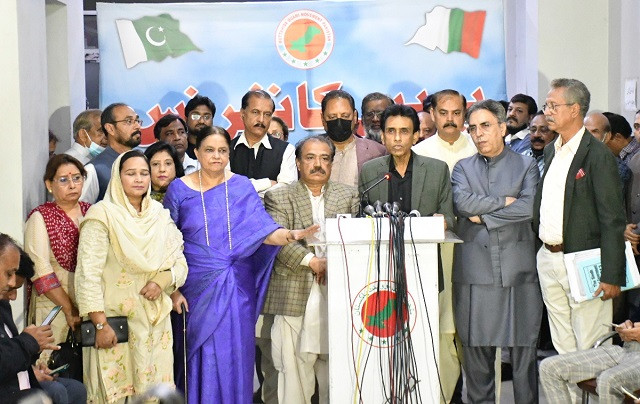 mqm leaders pictured during a presser in karachi s bahadurabad on feb 1 2022 photo express