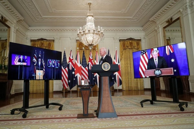 us president joe biden delivers remarks on a national security initiative virtually with australian prime minister scott morrison and british prime minister boris johnson inside the east room at the white house in washington us september 15 2021 photo reuters us president joe biden delivers remarks on a national security initiative virtually with australian prime minister scott morrison and british prime minister boris johnson inside the east room at the white house in washington us september 15 2021 photo reuters