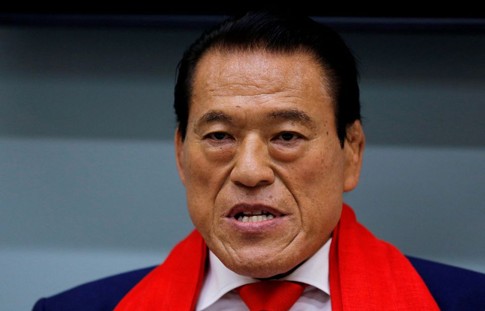 japanese politician and former wrestling star antonio inoki attends a news conference after his visit to pyongyang as he arrives at haneda international airport in tokyo japan september 11 2017 reuters toru hanai