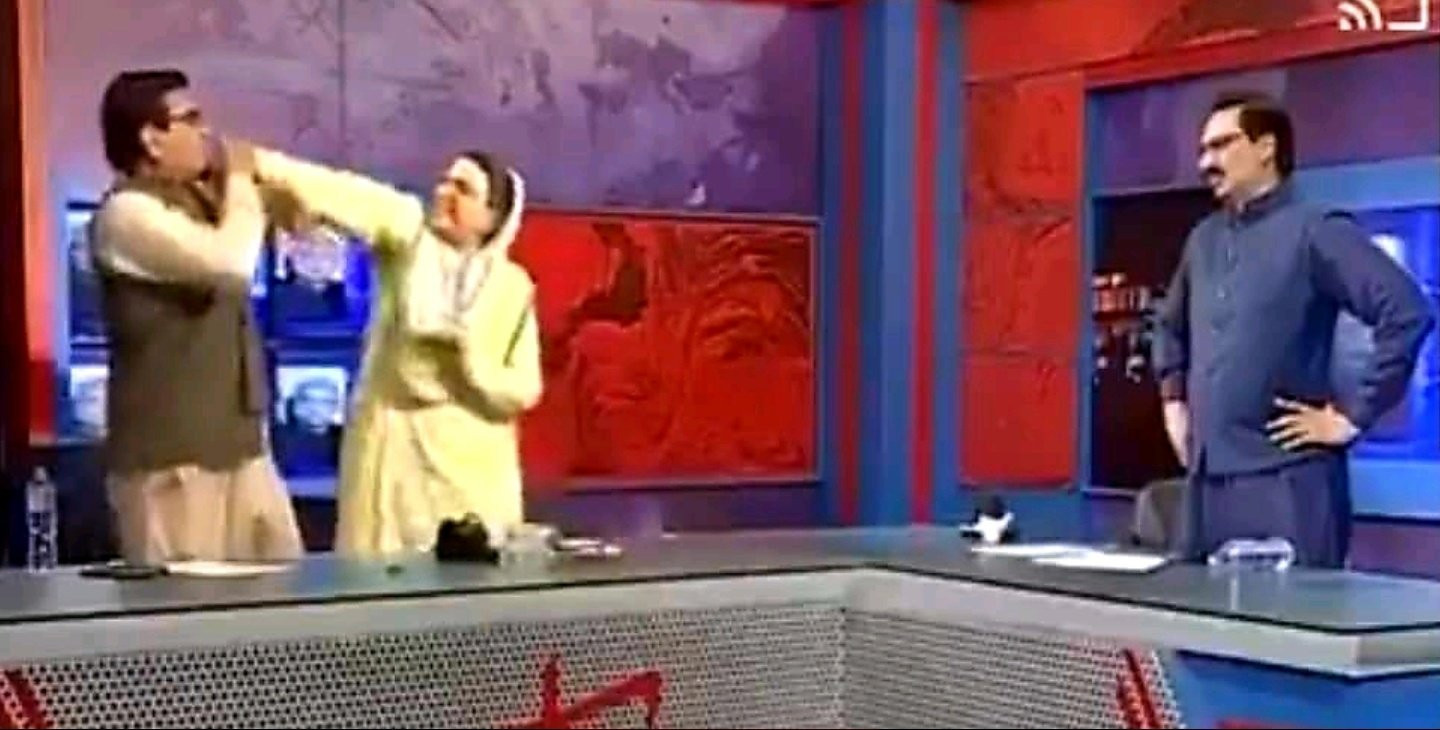 in the footage firdous roars at the ppp leader kuttay ke bacha son of a dog before proceeding to slapp him in the face as anchor javed chaudhry and others look on in disbelief screengrab twitter