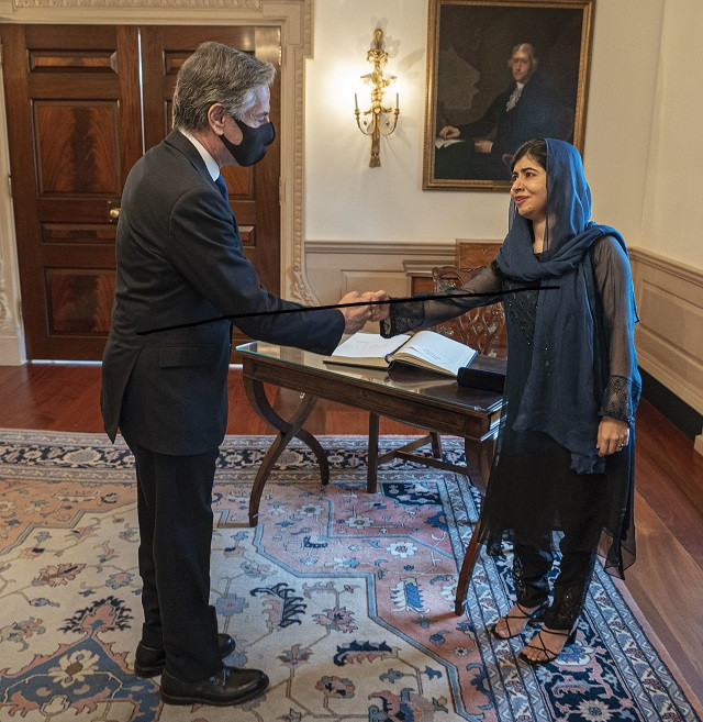 the nobel peace prize winner met with blinken and other officials to urge greater focus on the millions of girls in afghanistan being denied an education photo twitter secblinken