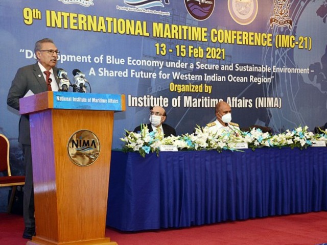 president dr arif alvi addressing during the 9th international maritime conference imc 21 organised by the national institute of maritime affairs photo app