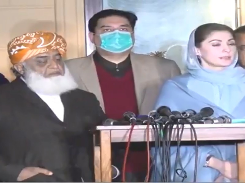 pml n vice president maryam nawaz and jui f chief maulana fazlur rehman talking to media after their meeting in islamabad on december 30 2020 screengrab