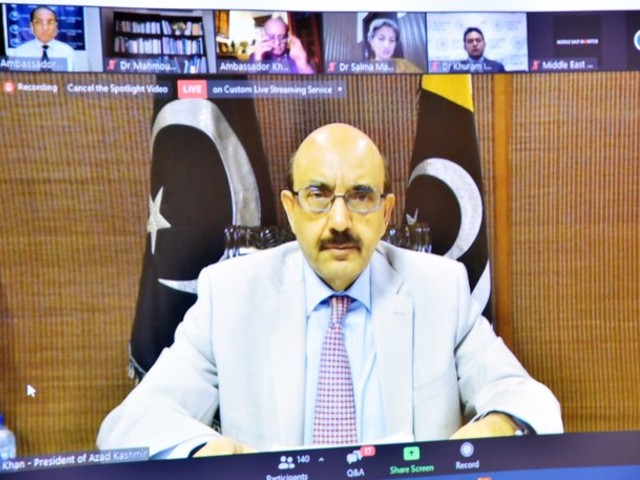 President AJK Sardar Masood Khan addressing webinar titled “Kashmir & Palestine: The destruction of indigenous cultural heritage”, organised by Centre for Middle East & Africa (CMEA), Institute of Strategic Studies Islamabad in collaboration with the Middle East Monitor (MEMO). PHOTO: TWITTER/ @Masood__Khan