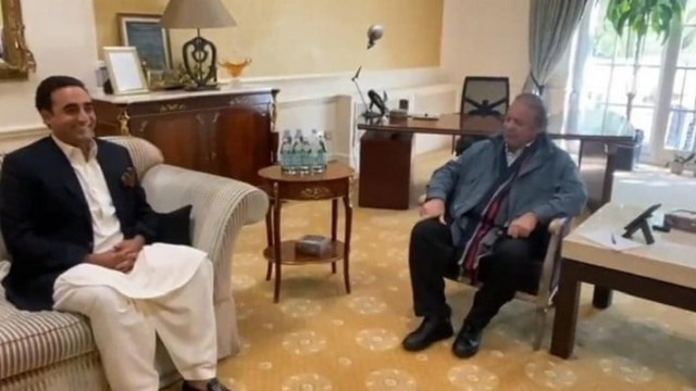 former prime minister nawaz sharif r pictured during a meeting with chairman ppp bilawal bhutto zardari who called on him at his residence in london on april 21 2022 former prime minister nawaz sharif r pictured during a meeting with chairman ppp bilawal bhutto zardari who called on him at his residence in london on april 21 2022