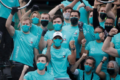 mercedes celebrate title with glasses raised remotely mercedes celebrate title with glasses raised remotely