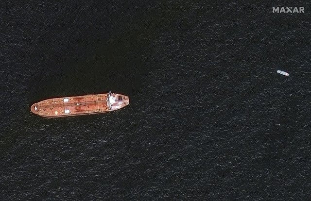a satellite image shows the damaged mercer street tanker moored off the coast of fujairah united arab emirates august 4 2021 photo reuters a satellite image shows the damaged mercer street tanker moored off the coast of fujairah united arab emirates august 4 2021 photo reuters
