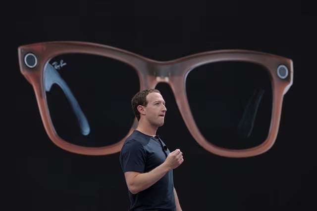 meta ceo mark zuckerberg delivers a speech as a pair of ray ban smart glasses appear on screen during the meta connect event at the company s headquarters in menlo park california us september 27 2023 photo reuters