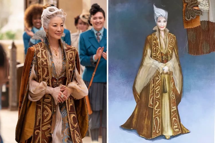 The costumes for Madame Morrible (Michelle Yeoh) featured magical iconography. Image: Universal