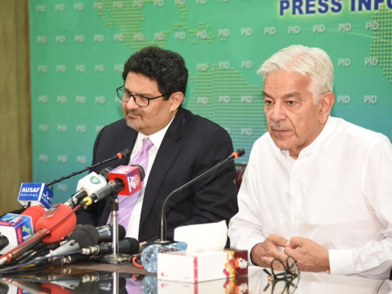 federal minister for finance and revenue miftah ismail and federal minister for defence khawaja asif addressing a press conference in islamabad on july 21 2022 photo pid