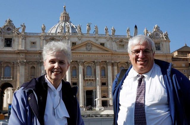 sister jeannine gramick and francis debernardo of new ways ministry which ministers to homosexual catholics and promotes gay rights pose in front of st peter s square after pope francis weekly audience february 18 2015 photo reuters