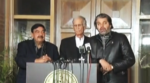 minister for defence pervez khattak interior minister sheikh rashid and minister for parliamentary affairs ali muhammad khan address the media in islamabad following the government employees protest photo radio pakistan minister for defence pervez khattak interior minister sheikh rashid and minister for parliamentary affairs ali muhammad khan address the media in islamabad following the government employees protest photo radio pakistan
