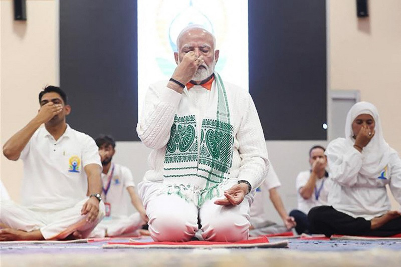 india s prime minister narendra modi performs asana on international day of yoga in srinagar iiojk june 21 2024 photo afp