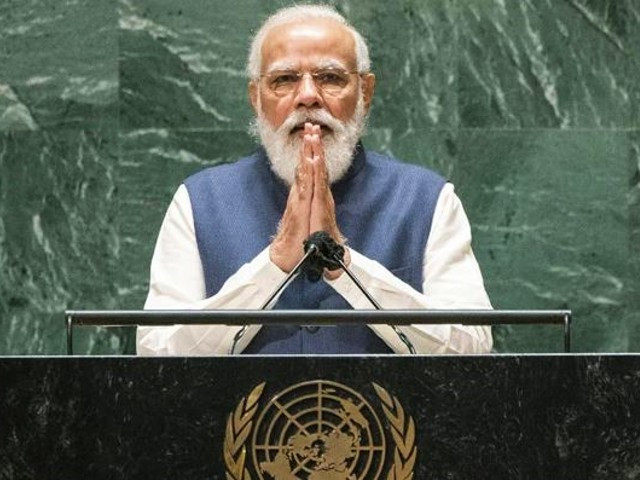 Indian Prime Minister Narendra Modi speaks at the UN General Assembly. PHOTO: AFP