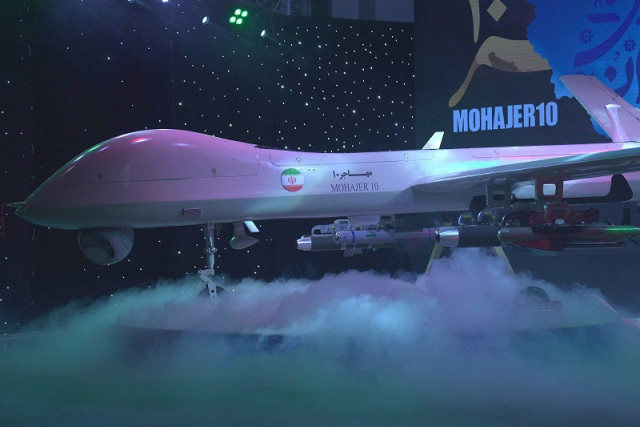 a handout picture provided by iran s ministry of defence on august 22 2023 shows the new iranian drone mohajer 10 during an unveiling ceremony in tehran photo afp a handout picture provided by iran s ministry of defence on august 22 2023 shows the new iranian drone mohajer 10 during an unveiling ceremony in tehran photo afp