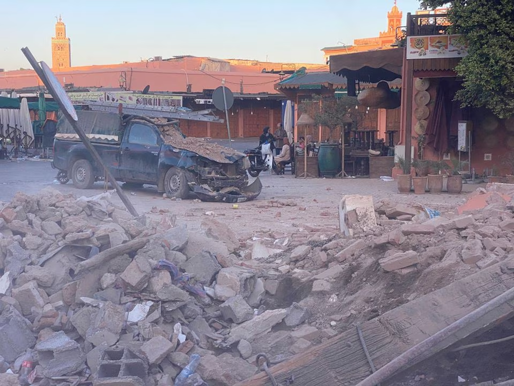 A view of a damaged vehicle in the historic city of Marrakech, following a powerful earthquake in Morocco, September 9, 2023. PHOTO: REUTERS