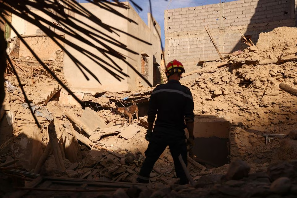 An emergency worker and a dog search for bodies in the rubble, in the aftermath of a deadly earthquake, in Amizmiz, Morocco, September 10. PHOTO: REUTERS