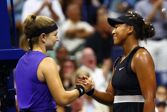 karolina muchova of the czech republic shakes hands with naomi osaka of japan after her second round match win in us open at flushing meadows new york united states on august 29 2024 photo reuters karolina muchova of the czech republic shakes hands with naomi osaka of japan after her second round match win in us open at flushing meadows new york united states on august 29 2024 photo reuters
