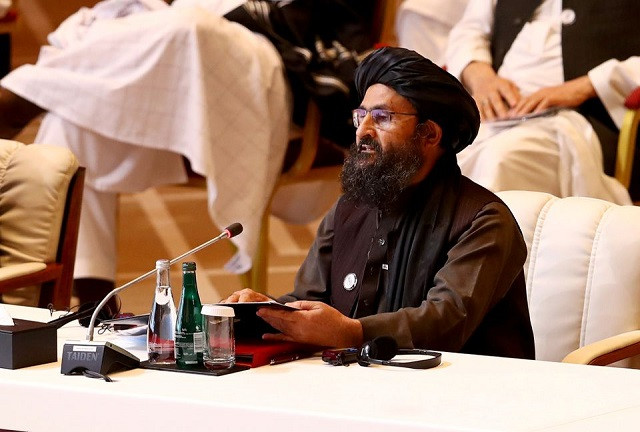 mullah abdul ghani baradar the leader of the taliban delegation speaks during talks between the afghan government and taliban in doha qatar september 12 2020 photo reuters