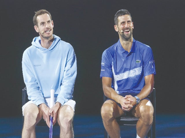 andy murray l reacts with novak djokovic during a charity event titled night with novak on rod laver arena in melbourne on january 9 ahead of the australian open photo afp