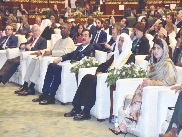 nobel laureate malala yousafzai mwl secretary general mohammad bin abdul karim al isa senate chairman yousaf raza gilani oic secretary general hissein brahim taha and other delegates attend the conference on education in islamabad photo nni