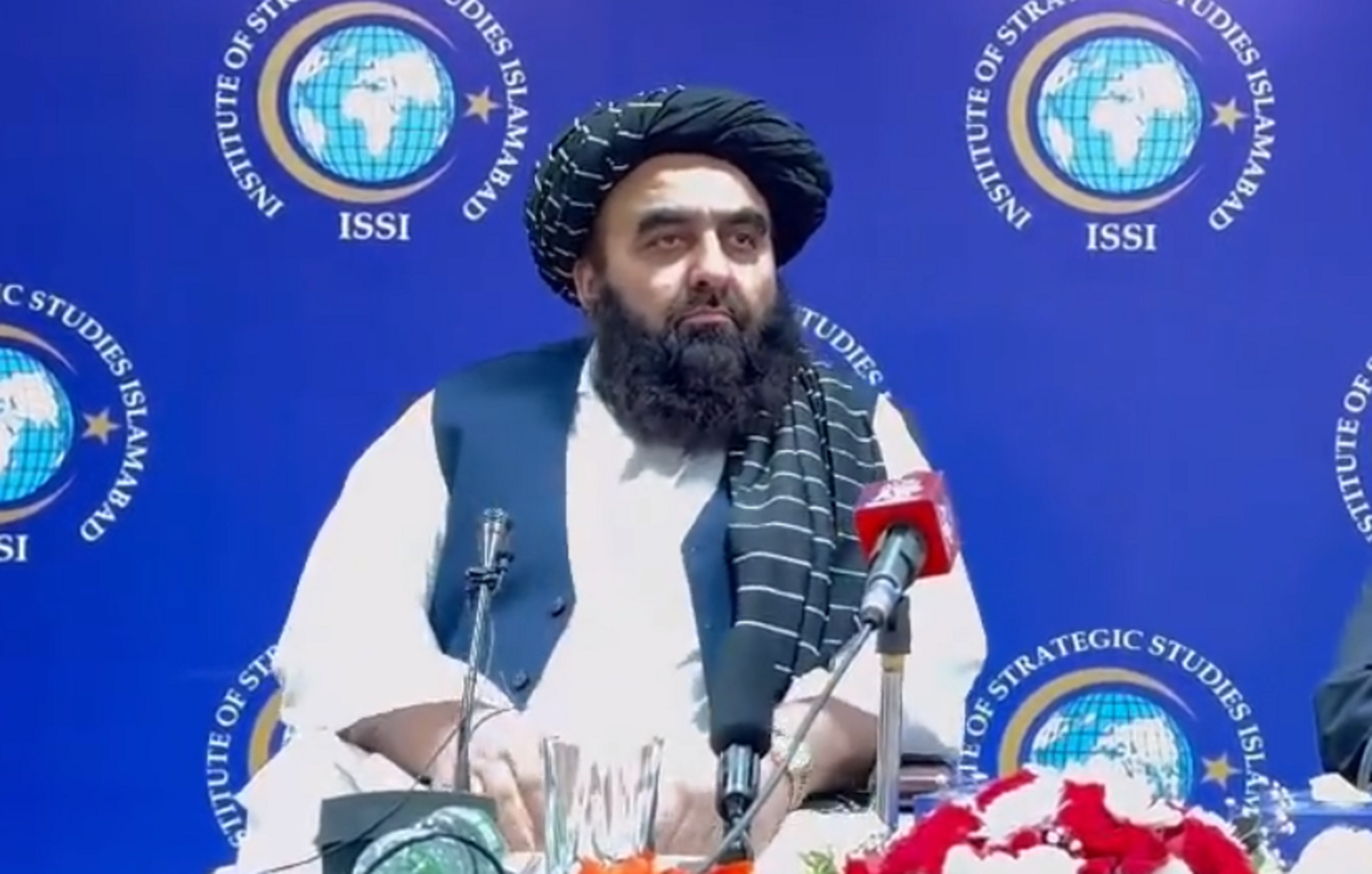 acting afghan foreign minister amir khan muttaqi speaks at the institute of strategic studies in islamabad photo screengrab