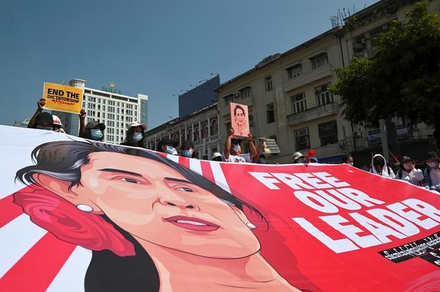 demonstrators protest against the military coup in yangon myanmar february 17 2021 photo reuters