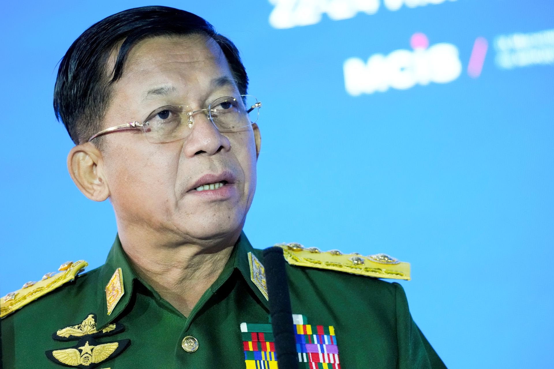 commander in chief of myanmar s armed forces senior general min aung hlaing delivers his speech at the ix moscow conference on international security in moscow russia june 23 2021 photo reuters file