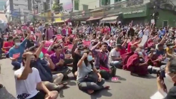 people gesture as they protest against coup in yangon myanmar february 6 2021 in this screen grab obtained from a video photo reuters