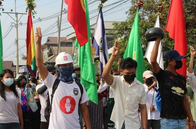 demonstrators flash a three finger salute during a protest against the military coup in dawei myanmar april 13 2021 photo reuters