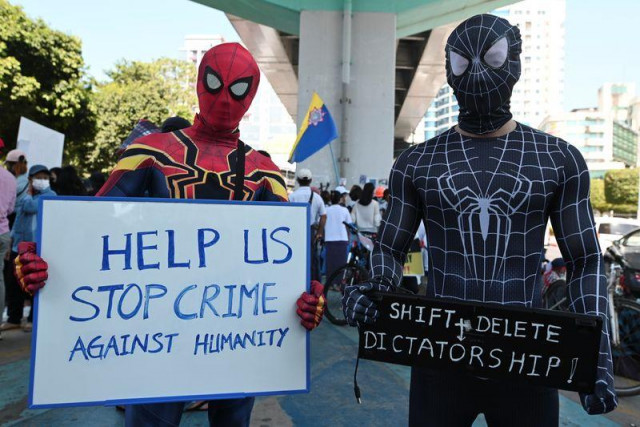 myanmar s spiderman joins anti coup protests myanmar s spiderman joins anti coup protests
