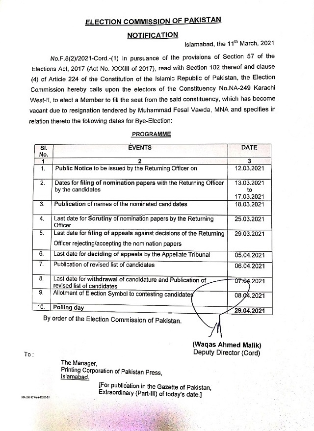 Ecp Announces By Polls In Na 249 For April 29