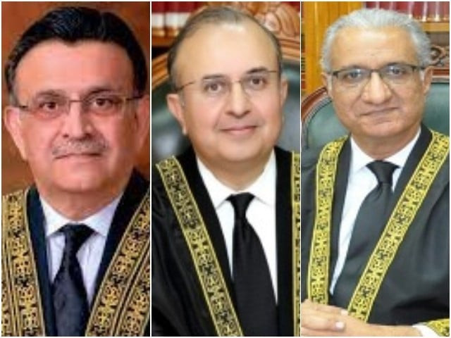 the three member bench hearing nab amendments case comprises justice umar ata bandial l justice mansoor ali shah c and justice ijazul ahsan r photo file the three member bench hearing nab amendments case comprises justice umar ata bandial l justice mansoor ali shah c and justice ijazul ahsan r photo file