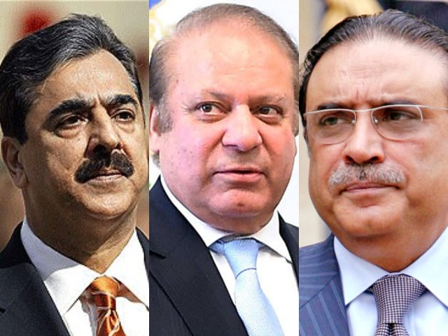 ex premiers yousuf raza gilani l nawaz sharif c and former president asif ali zardari r photo file