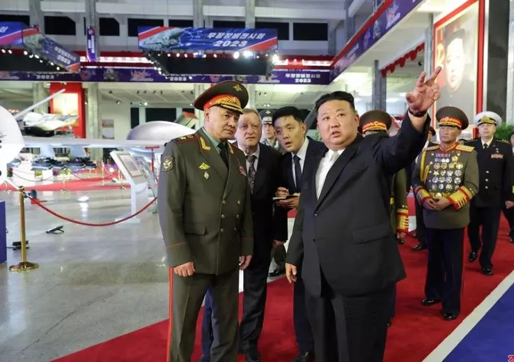 north korean leader kim jong un and russia s defense minister sergei shoigu visit an exhibition of armed equipment on the occasion of the 70th anniversary of the korean war armistice in this image released by north korea s korean central news agency on july 27 2023 kcna via reuters north korean leader kim jong un and russia s defense minister sergei shoigu visit an exhibition of armed equipment on the occasion of the 70th anniversary of the korean war armistice in this image released by north korea s korean central news agency on july 27 2023 kcna via reuters
