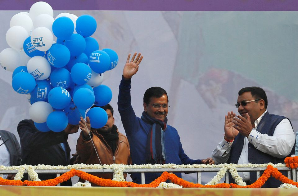 delhi chief minister and leader of aam aadmi party aap arvind kejriwal waves to his supporters during celebrations at the party headquarters in new delhi india february 11 2020 reuters