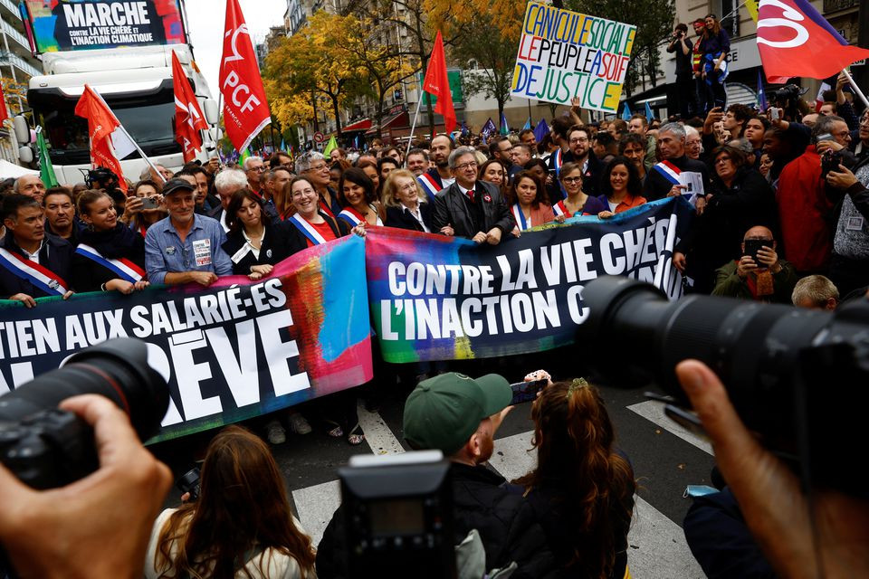 jean luc melenchon leader of french far left opposition party la france insoumise france unbowed and leader of the new ecologic and social people s union nupes takes part in a protest against soaring inflation and what they call a lack of government action to fight climate change in paris france october 16 2022 photo reuters