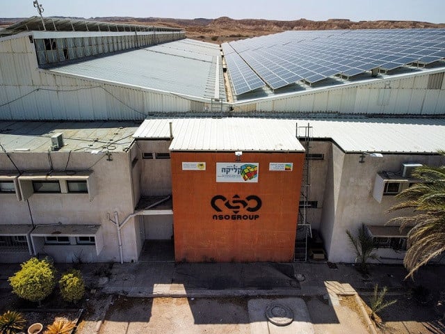 an aerial view shows the logo of israeli cyber firm nso group at one of its branches in the arava desert southern israel july 22 2021 picture taken with a drone photo reuters