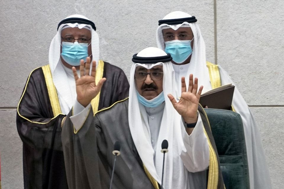 kuwait s newly appointed crown prince sheikh meshal al ahmad al jaber al sabah gestures before he is sworn in at the parliament in kuwait city kuwait october 8 2020 reuters