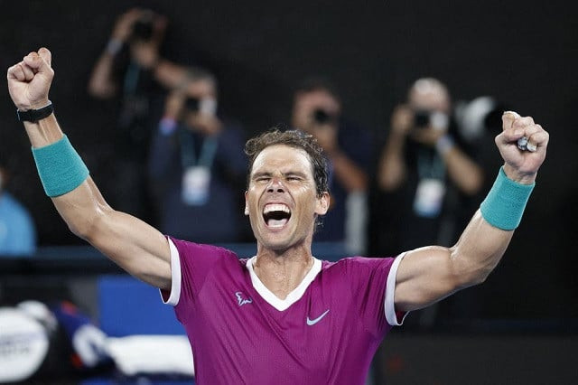 spain s rafael nadal celebrates winning the australian open final against russia s daniil medvedev photo reuters spain s rafael nadal celebrates winning the australian open final against russia s daniil medvedev photo reuters