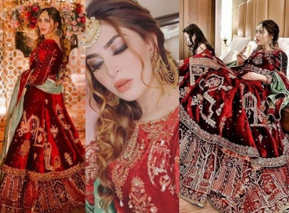 in pictures naimal khawar s scarlet velvet outfit fits the bill for winter weddings